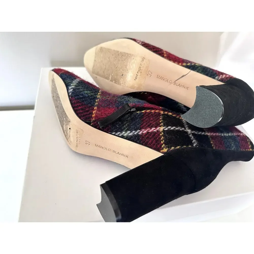 New Manolo Blahnik Boots Wool Plaid Multicolor Zipper Block Heel Size 37 Womens